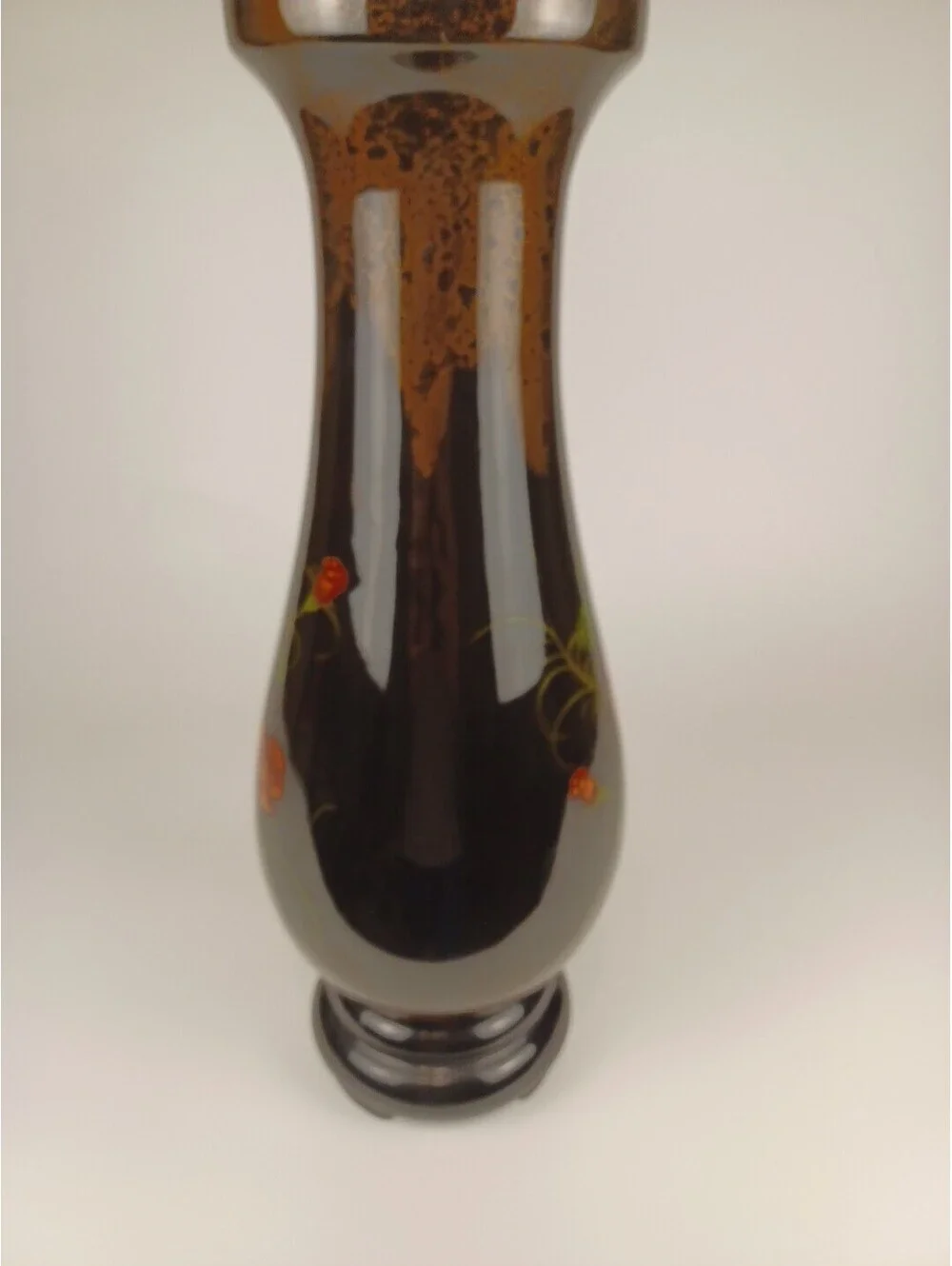 Vintage Vietnamese Black Lacquer Wood Vase Hand Painted Orange Roses Floral 16.5